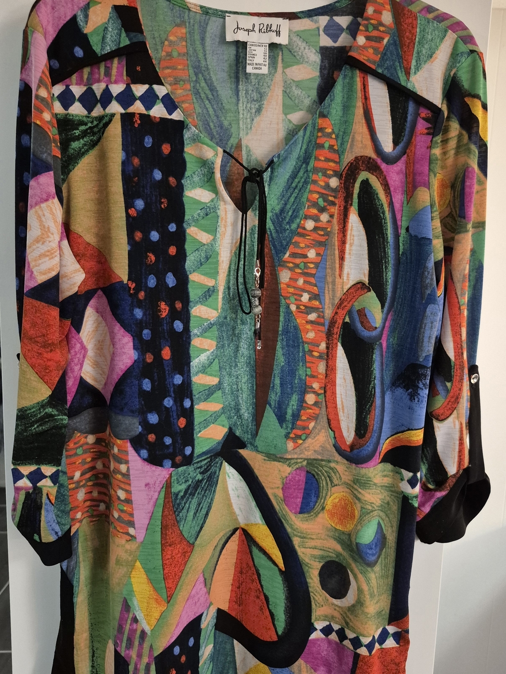 Joseph Ribkoff Multicolor Abstract V-Neck Tunic with Tie